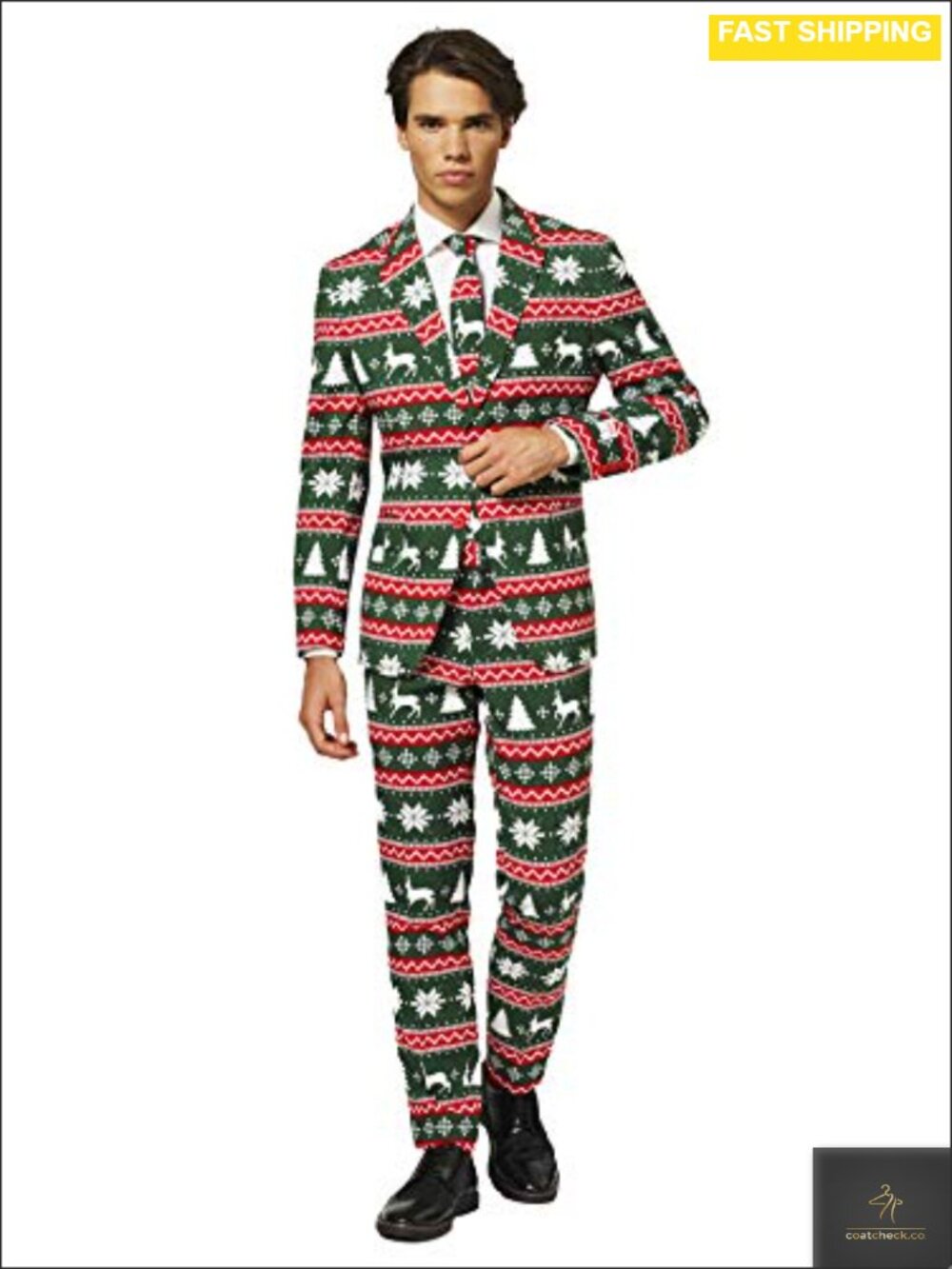 Men's Christmas Suit Set Blazer Pants Tie Slim Fit Polyester 3-Piece